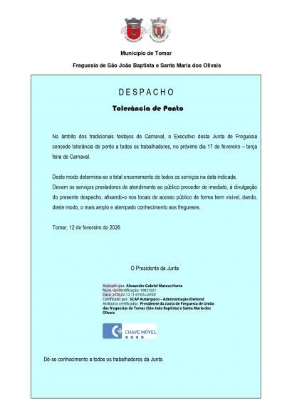 Despacho Toler&acirc;ncia de Ponto - Ter&ccedil;a-feira de Carnaval
