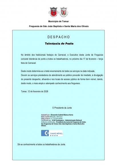 Despacho Toler&acirc;ncia de Ponto - Ter&ccedil;a-feira de Carnaval