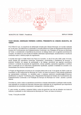 Reuni&atilde;o com os Operadores Econ&oacute;micos sobre o Projeto de Regulamento Municipal de Hor&aacute;rios de Funcionamento dos Estabelecimentos Comerciais e de Presta&ccedil;&atilde;o de Servi&ccedil;os do Munic&iacute;pio de Tomar 
