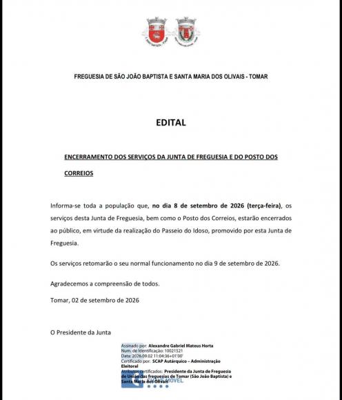 ENCERRAMENTO DOS SERVI&Ccedil;OS NO DIA 8 DE SETEMBRO